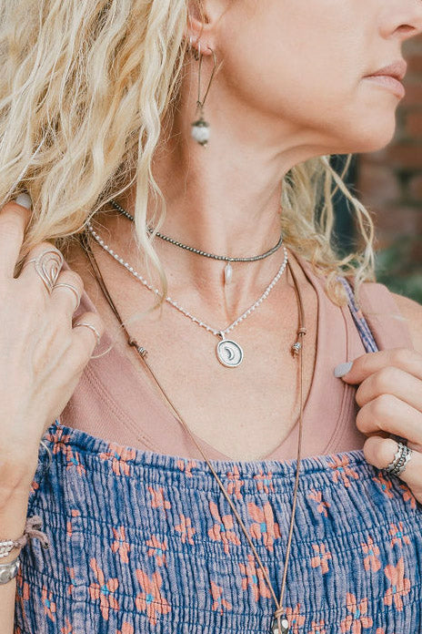 Crochet Moon Charm Necklace in White - SpiritedBoutiques Boho Hippie Boutique Style Necklace, Spirit Lala Boho