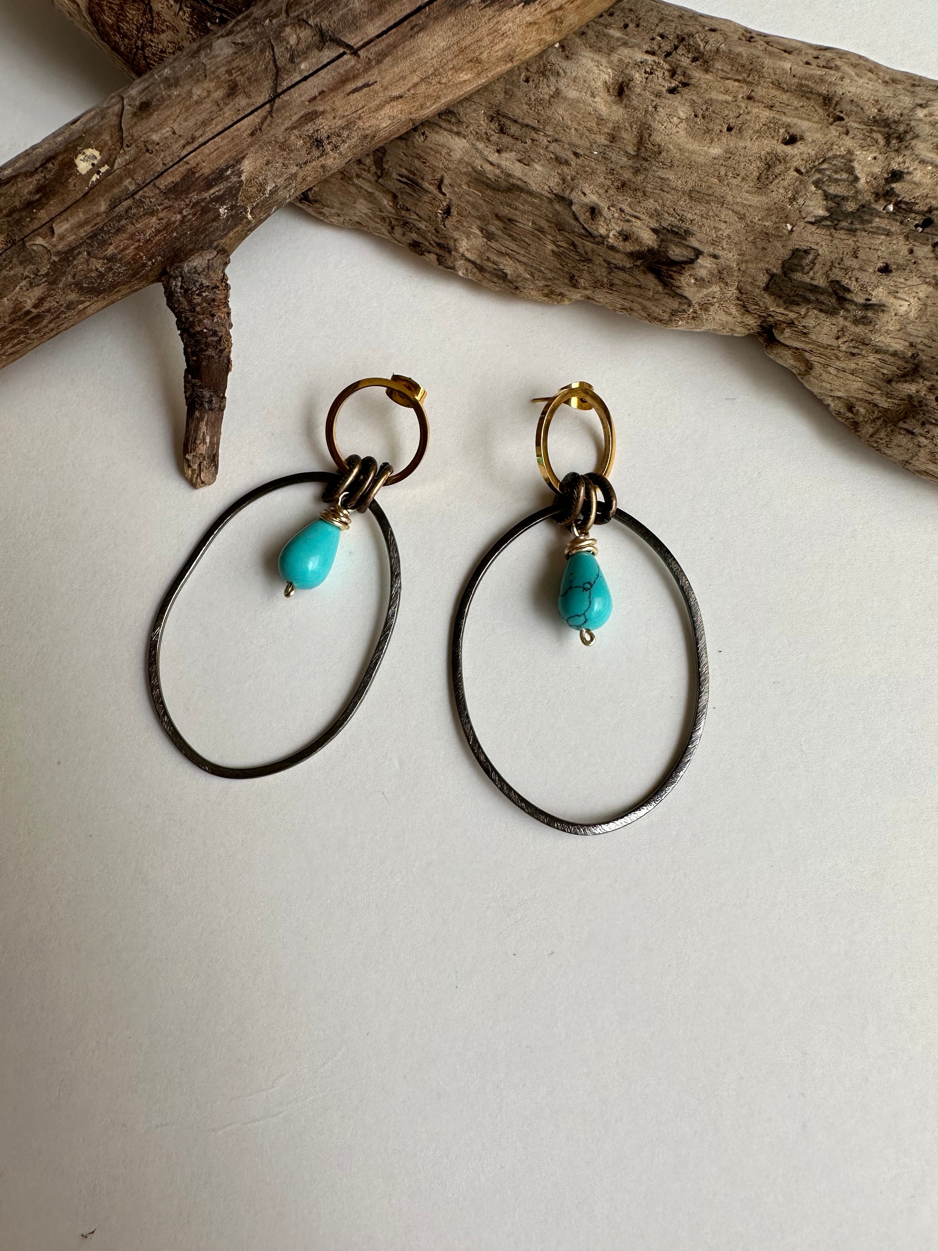 2 Circle Gold & Black Earrings in Turquoise Jade - SpiritedBoutiques Boho Hippie Boutique Style Jewelry, Spirit Lala Boho
