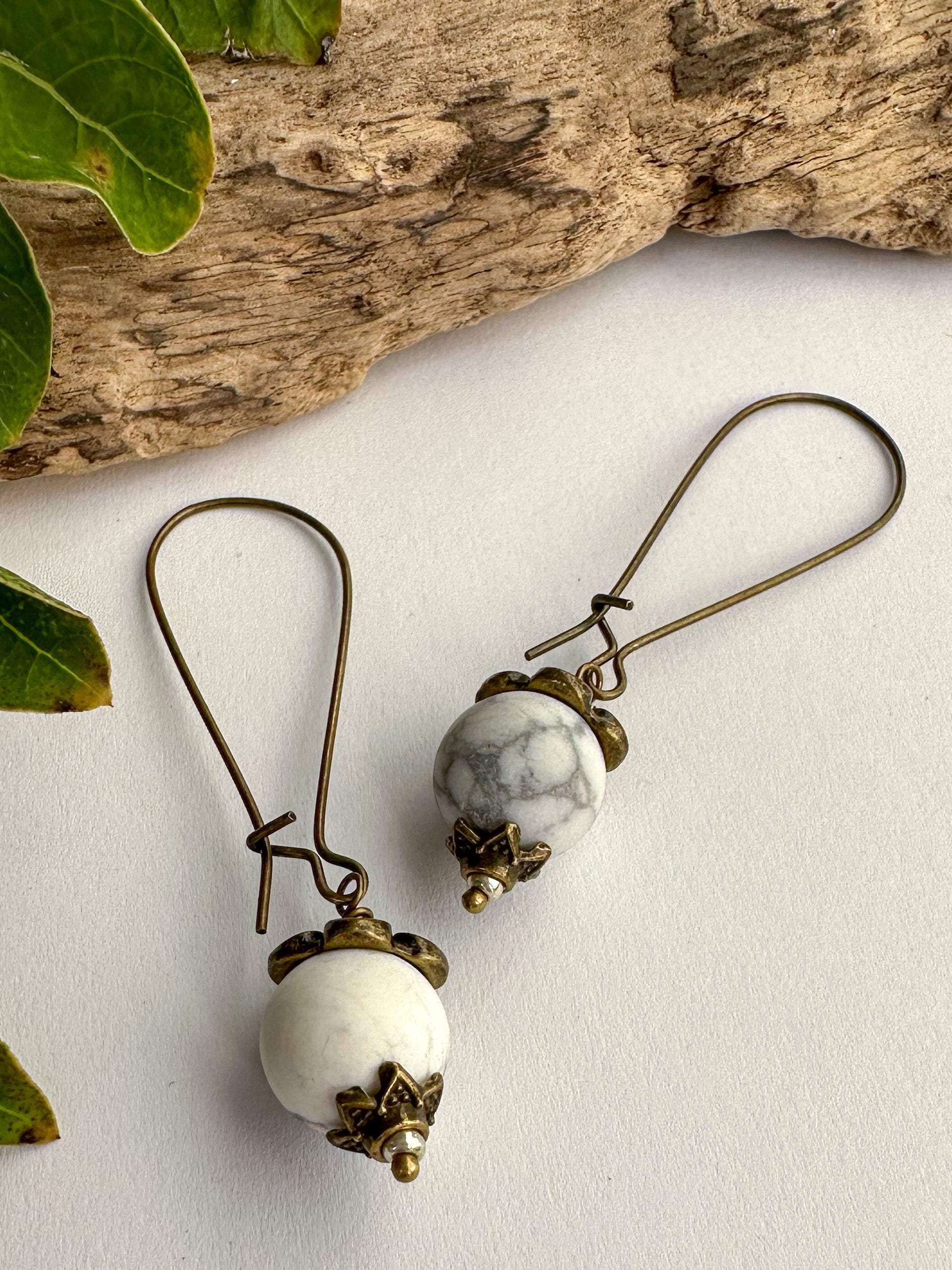 Simple Beaded Gemstone Earrings in Howlite - SpiritedBoutiques Boho Hippie Boutique Style Earrings, Spirit Lala Zen