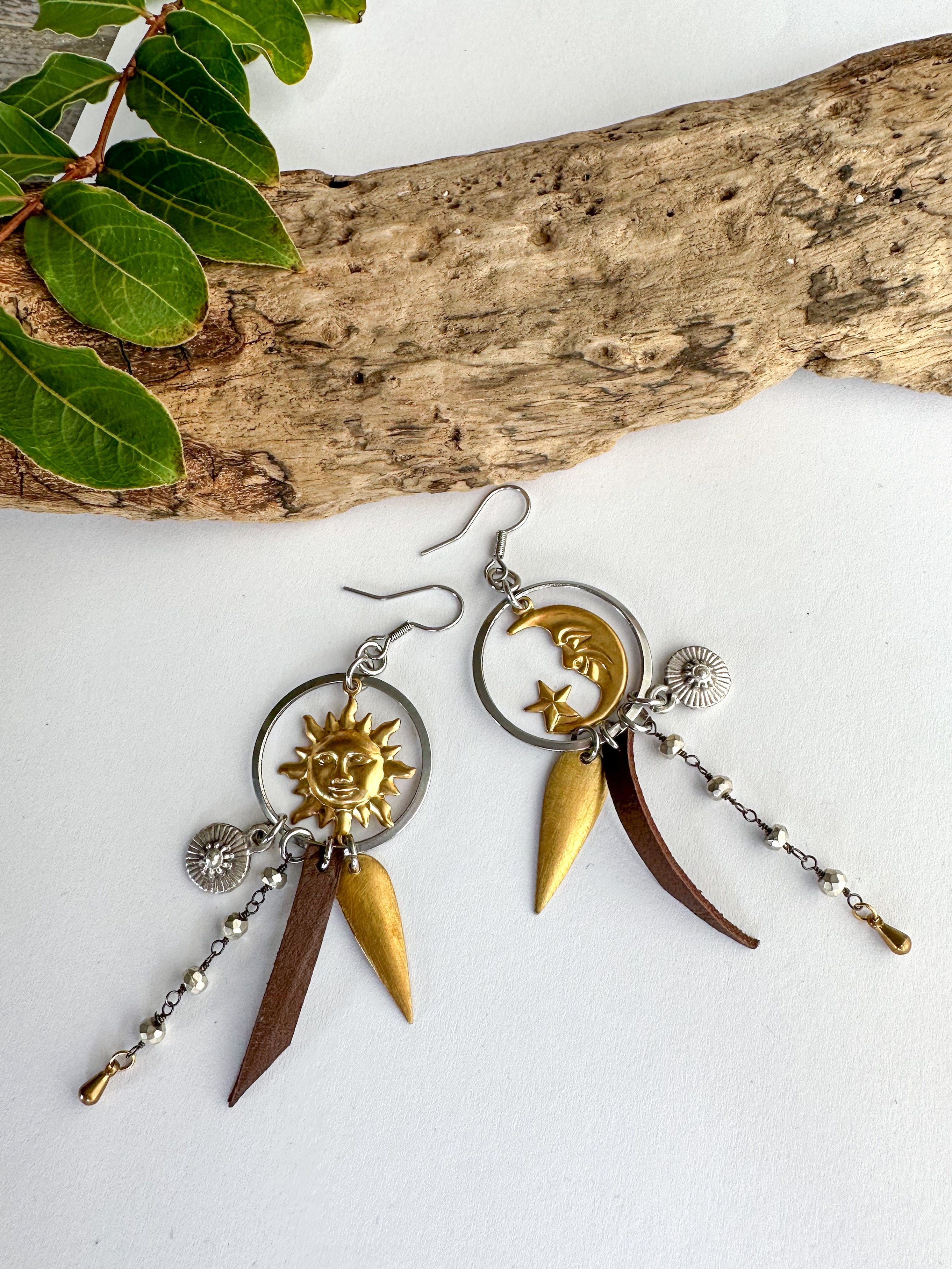 Moon & Sun Drop Earrings - SpiritedBoutiques Boho Hippie Boutique Style Earrings, Spirit Lala Zen