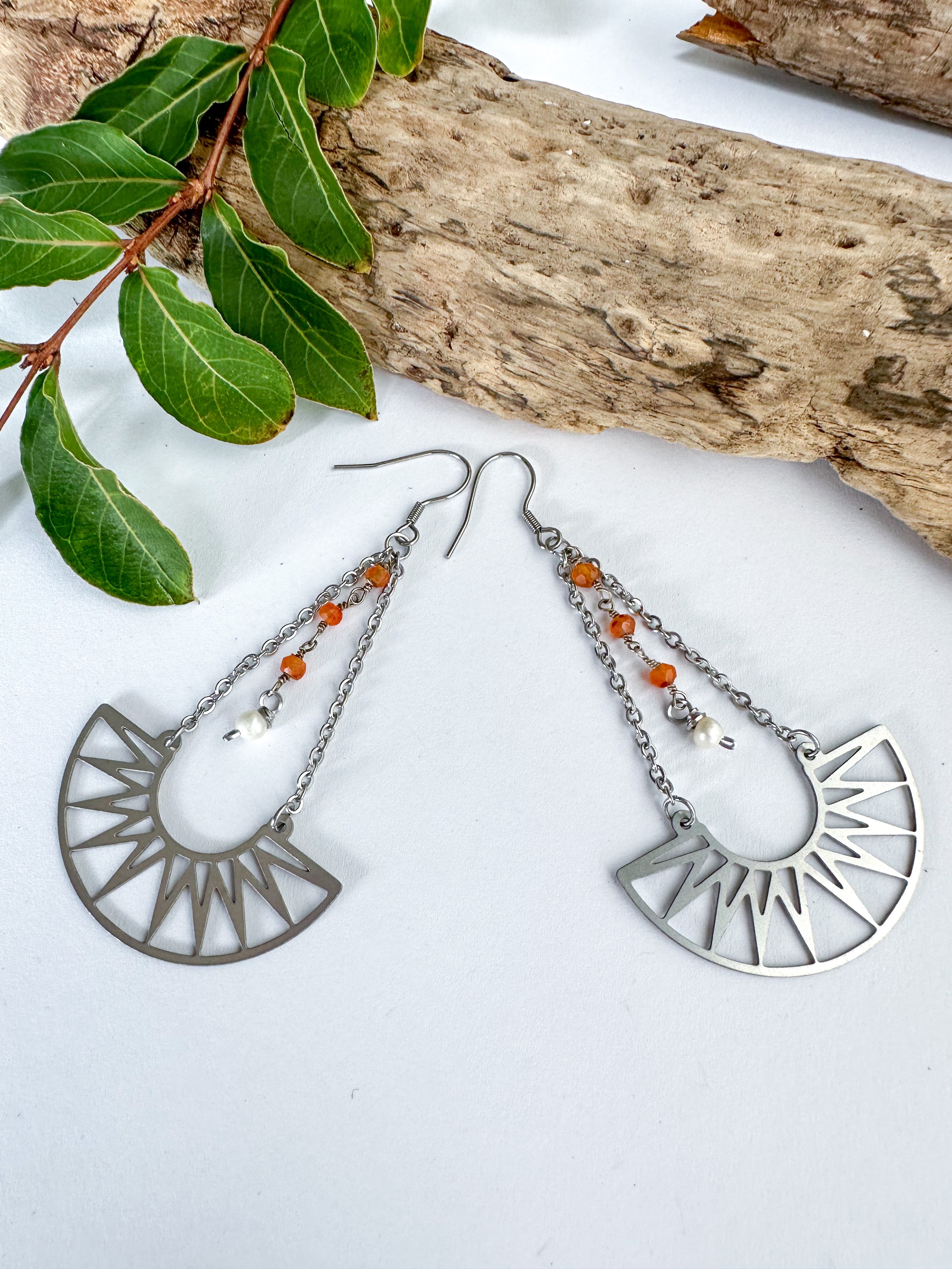 Sun Drop Earrings in Pearl/Carnelian - SpiritedBoutiques Boho Hippie Boutique Style Earrings, Serenity Spirit Lala